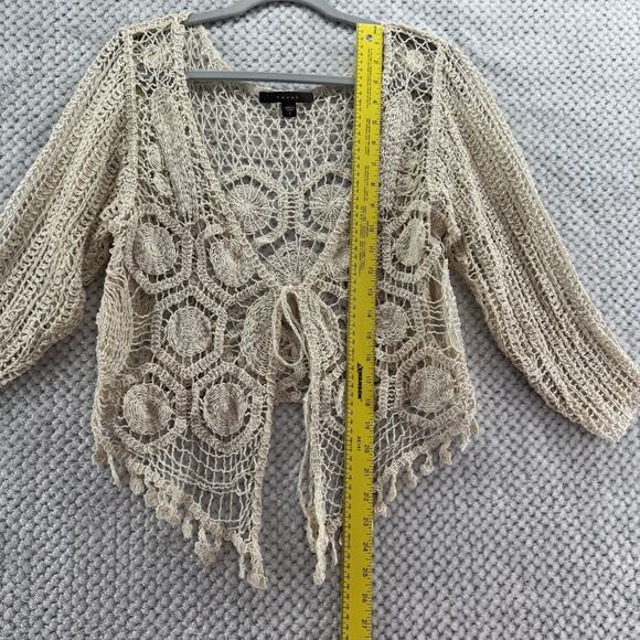 Y2K VTG Fever Cardigan L Beige Crochet V-Neck Tie Front Coquette Boho Festival - Picture 10 of 14